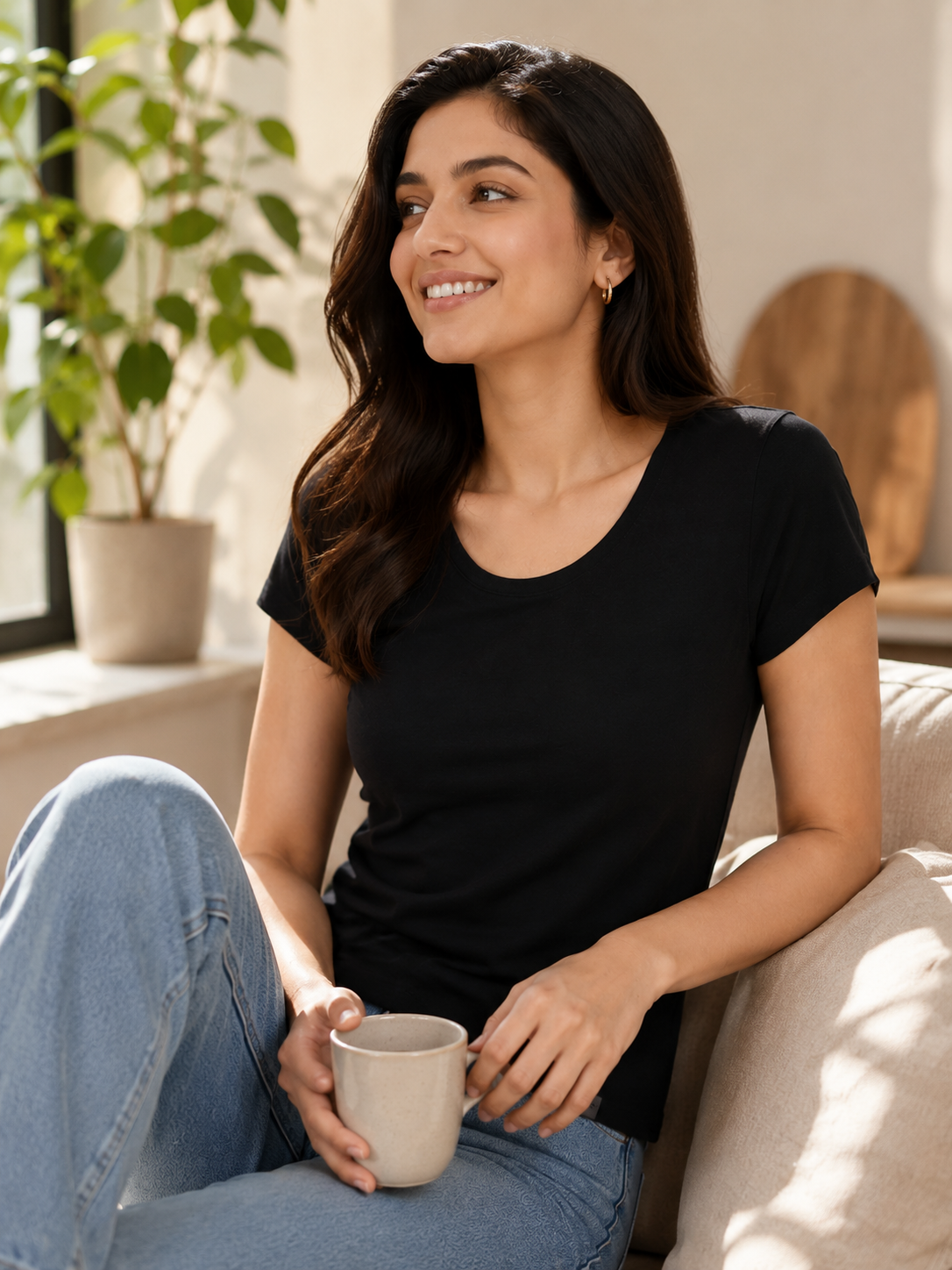 Nature Plus Women's Lightweight Black Bamboo Half Sleeve T-Shirts Made for Indian Summers